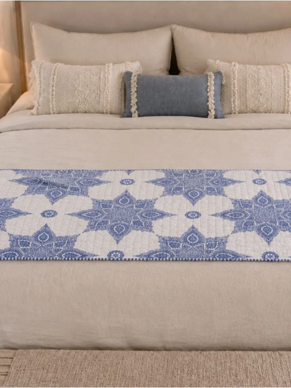 Cost Plus World Market White and Blue Star Hand Stitched  -Medallion Quilt Throw